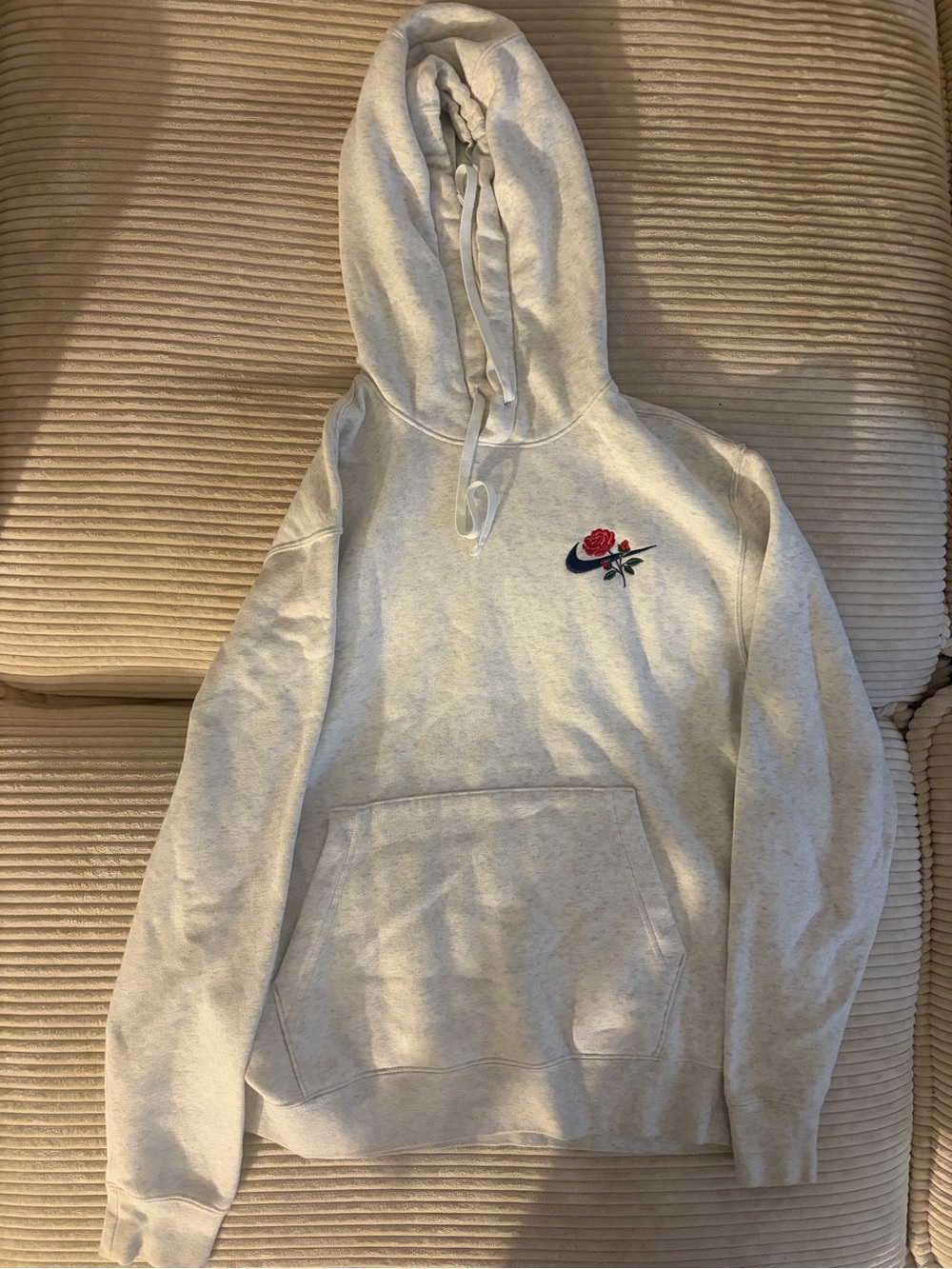 Nike Women's Light Gray Hoodie with Rose & Navy Swoosh